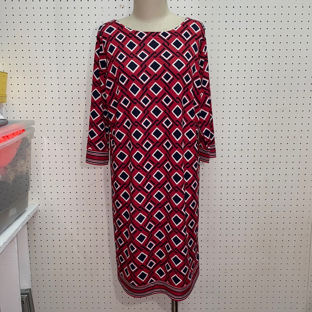 Like New Talbot Geometric Diamond Patch Print Red & Black 2XL Petite Shift Dress